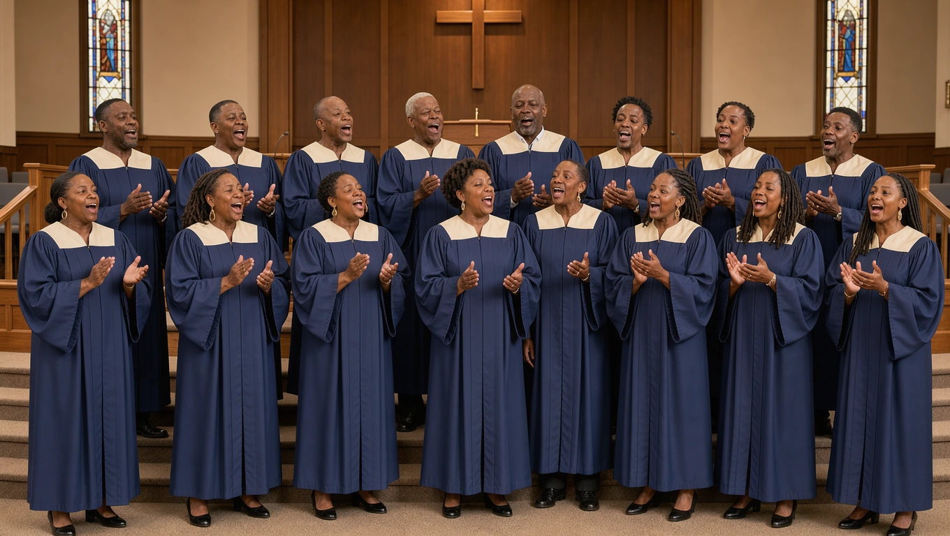 Black gospel choir in navy robes