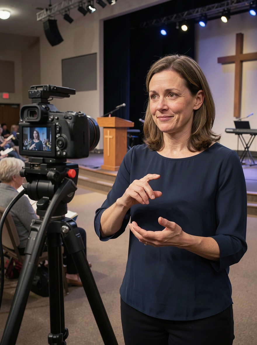 White sign ministry interpreter with a camera in church