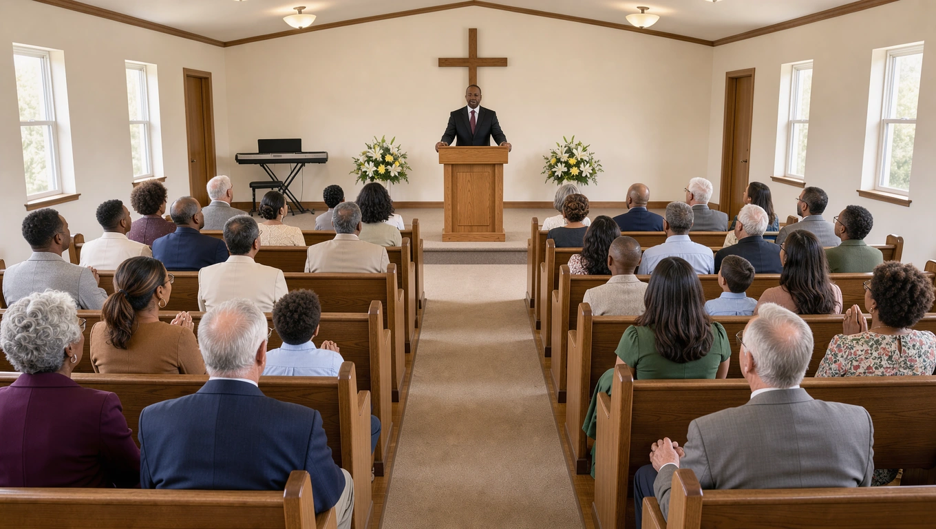 Small church congregation facing the pulpit